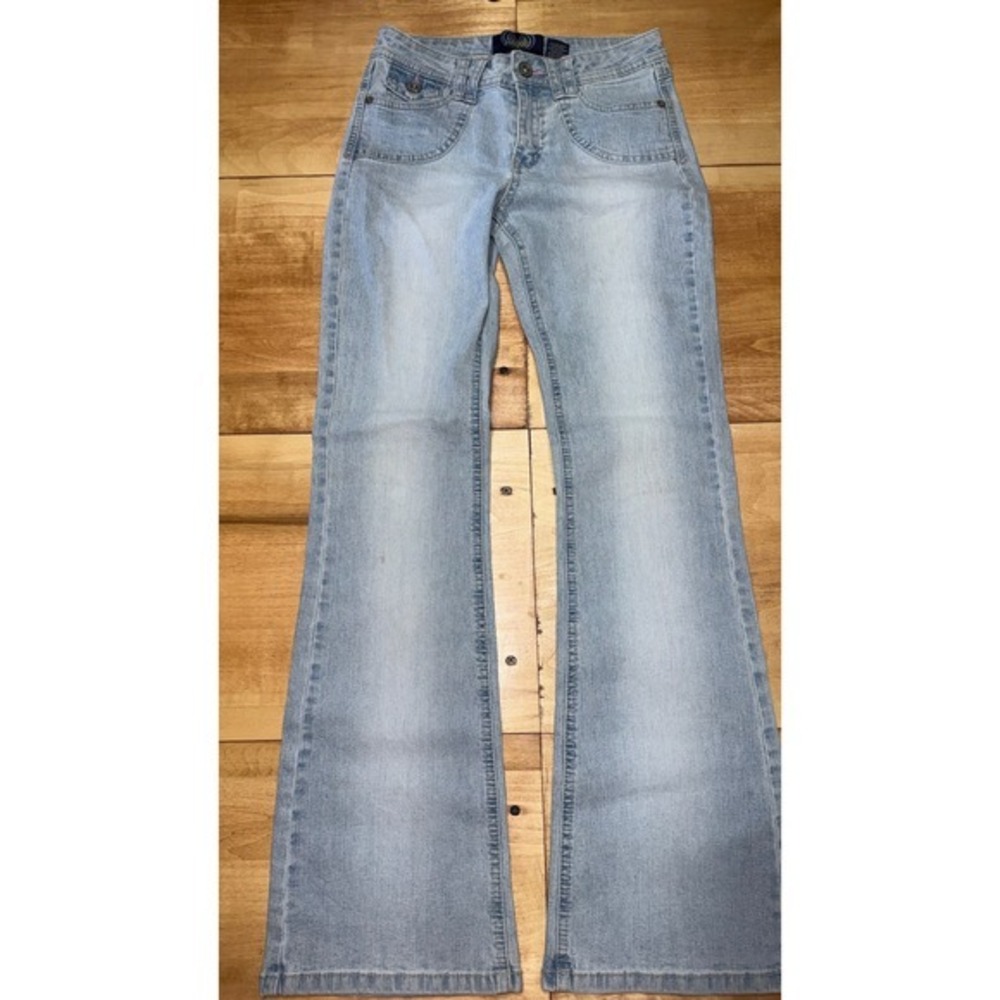 Angels Kids Girls Size 14 Light Wash Blue Flare Leg Denim Jeans Pink Stitching